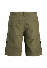 Olive green cargo shorts with a smooth texture, featuring two back pockets and side pockets. The design includes belt loops and straight legs.
