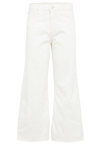 Valkoiset leveälahkeiset farkut, joissa on korkeavyötärö, viiden taskun malli ja nappikiinnitys, sileä ja tasainen pinta.