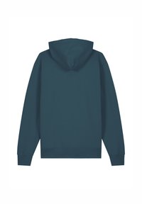 Dunkelblauer Kapuzenpullover mit klassischem Schnitt, verstellbarem Kordelzug an der Kapuze sowie gerippten Bündchen und Saum. Glattes Material ohne sichtbare Muster.