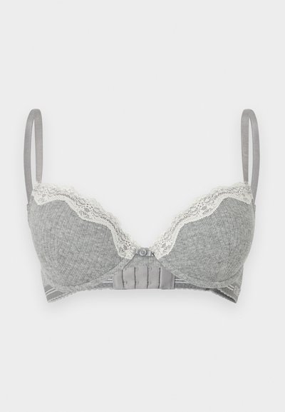 Grå ribbet bh med hvid blondekant, justerbare stropper samt lukning foran med knap og hægte.