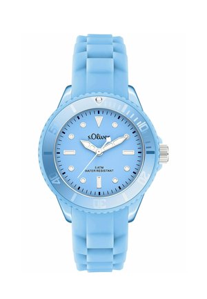 Light blue s.Oliver wristwatch with silicone strap, analog dial, white hour markers, and water resistance up to 5 ATM.