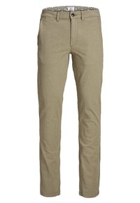 Beige linen pants with a slim fit, featuring a classic five-pocket design, button closure, and patterned fabric on the waistband.