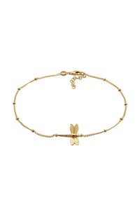 Guldarmbånd med en guldsmedvedhængning med teksturerede vinger, delikat kæde med små perler og lås med krabbeclasp, justerbar længde.