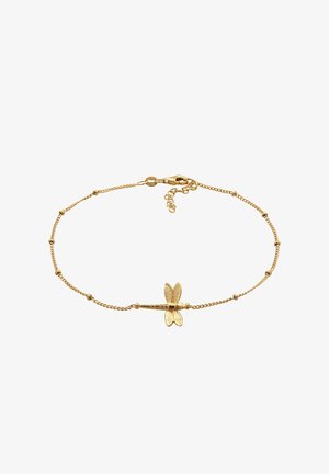 Bracelet en or avec un charm en forme de libellule aux ailes texturées, chaîne délicate avec de petites perles et fermoir mousqueton, longueur ajustable.