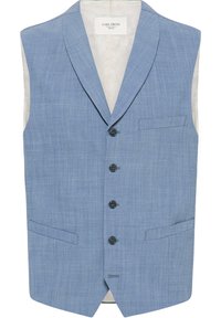 Hellblaues Leinen-Weste mit einem Eingriffskragen, fünf Knöpfen und zwei seitlichen Taschen. Gefüttert mit einem dezenten Muster. Schlichtes, maßgeschneidertes Design.