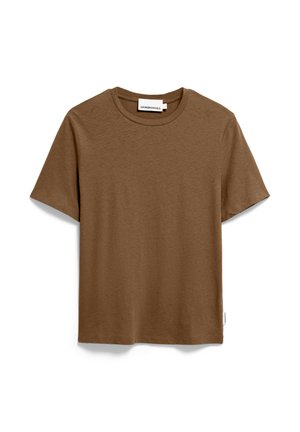 T-shirt en coton marron à manches courtes avec col rond, posé à plat sur fond blanc, étiquette visible à l'intérieur du col.