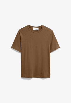T-shirt en coton marron à manches courtes avec col rond, posé à plat sur fond blanc, étiquette visible à l'intérieur du col.
