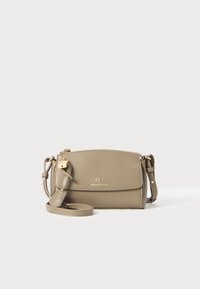 Beige crossbody bag made of smooth synthetic material, featuring a zip closure, adjustable strap, and gold-tone hardware with logo detail.