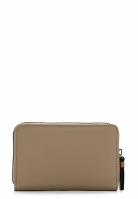 Beige zip wallet in smooth material, rectangular shape, with a zipper closure and a decorative tassel accent. Minimalist design without patterns.