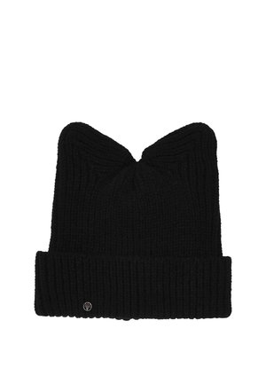Black ribbed knit beanie with folded cuff and small round metal logo detail on the cuff.
