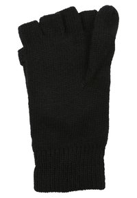 Schwarze, gestrickte Fingerhandschuhe ohne Finger mit einem gerippten Bund und offenen Fingerspitzen, die einen weichen, strukturierten Stoff und ein einfaches Design zur Schau stellen.
