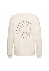 Crème sweatshirt met een cirkelvormig tekstpatroon in kastanjebruin. Zachte stof met ribgebreide boorden en zoom, ontspannen pasvorm.