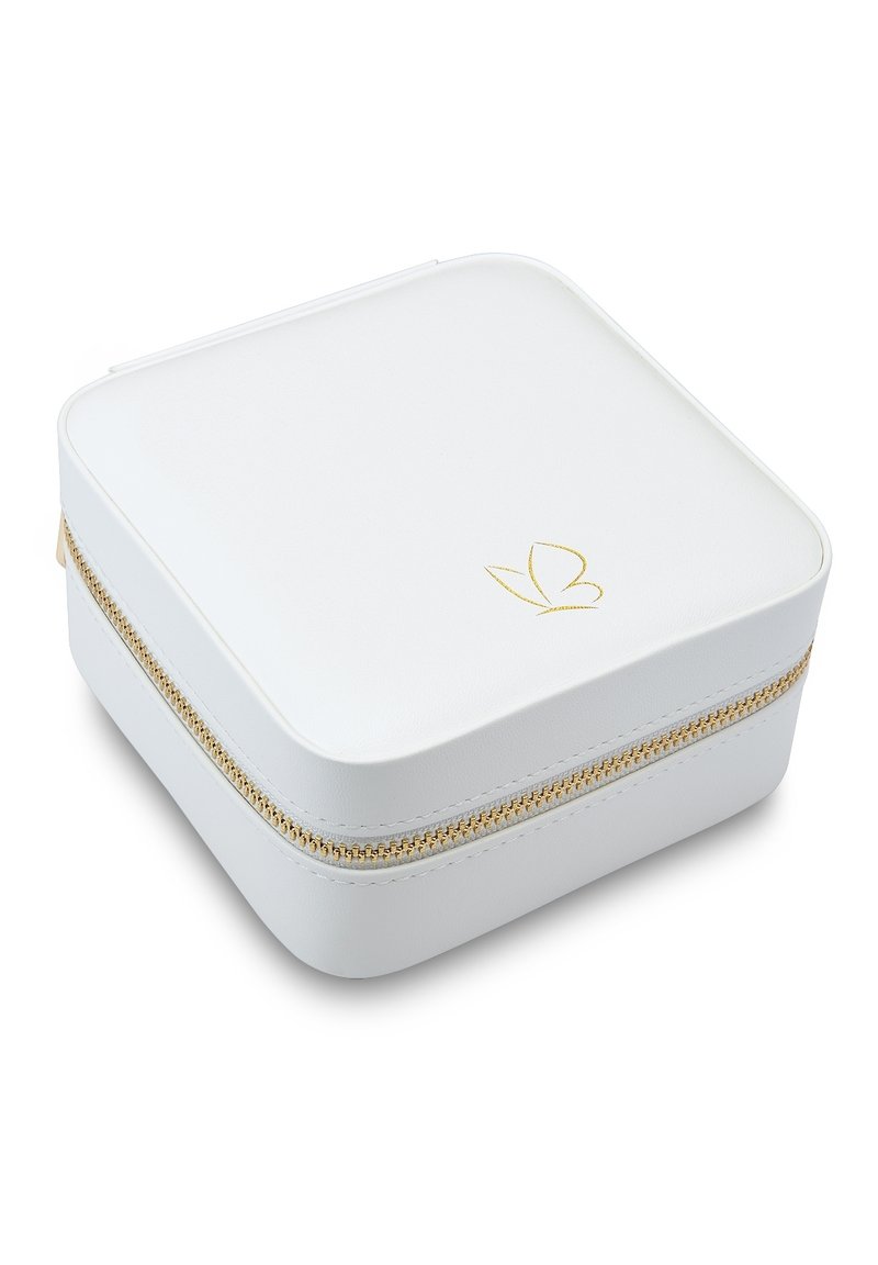 White zippered jewelry case with gold hardware, square shape, smooth textured exterior, and a minimalist floral design embossed on top.