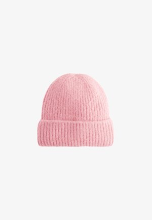 Weiche, rosa gerippte Strickmütze mit umgeschlagenem Saum, entworfen für Wärme und lässiges Tragen.