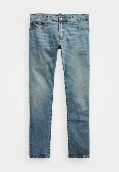 Ljusblå denimjeans med rak passform, femficksdesign och blekt utseende. Har kontrasterande sömmar och knappgylf.