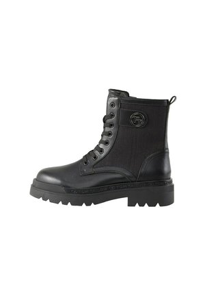 Bottes noires à la cheville avec un bout en cuir brillant, dessus en tissu texturé, design à lacets et semelle en caoutchouc avec logo en relief.