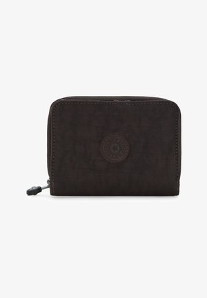 Black fabric wallet with a textured finish, zip closure, and a circular embossed logo on the front. Compact rectangular shape.