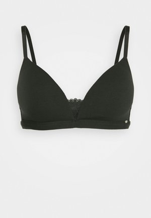 Black triangular bralette with adjustable straps. Features a lace trim along the band and a small metallic accent on one side. Soft cotton material.