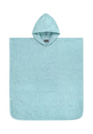 Hellblauer Kapuzenhandtuch-Poncho mit Fronttasche und Druckknöpfen an den Seiten, aus weichem Frottee gefertigt.