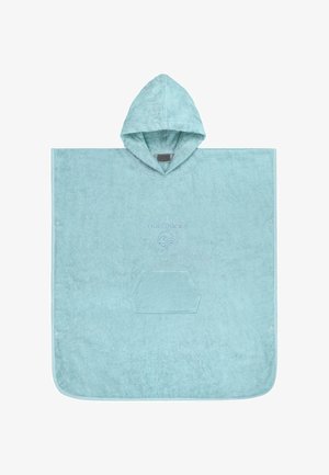 Hellblauer Kapuzenhandtuch-Poncho mit Fronttasche und Druckknöpfen an den Seiten, aus weichem Frottee gefertigt.