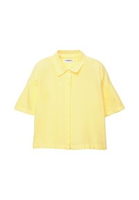 Chemise jaune à manches courtes avec boutonnage sur le devant, col et coupe décontractée. Confectionnée dans un tissu léger à la texture lisse.