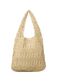 Gehaakte totebag in beige, met een zachte textuur, brede schouderbanden en een opengewerkt ontwerp met bloemmotieven.