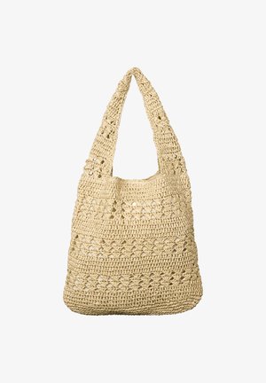 Borsa a tracolla all'uncinetto di colore beige, con una texture morbida, spallacci larghi e un design a trama aperta con motivi floreali.