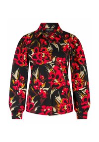 Zwarte blouse met lange mouwen met een rood en gele bloemenpatroon, knoopsluiting en luchtige mouwen. Glad stof met een getailleerd ontwerp.