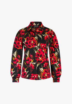 Zwarte blouse met lange mouwen met een rood en gele bloemenpatroon, knoopsluiting en luchtige mouwen. Glad stof met een getailleerd ontwerp.