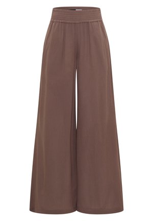 Pantalon marron à jambes larges avec une taille élastique, fabriqué en tissu léger, présenté de face sur fond blanc.