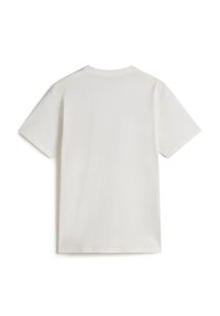 Hvid bomulds T-shirt med rund halsudskæring, korte ærmer og en ensfarvet ryg. Stoffet virker blødt og har en glat tekstur.