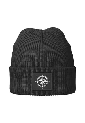 Black knit beanie with ribbed texture, featuring a rectangular patch displaying a white compass design with directional letters (N, E, S, W).