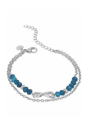 Zilveren dubbel kettingarmband met blauwe facetgeslepen kralen en een infinity-symbool bedel in het midden, met een karabijnsluiting en een verlengketting.
