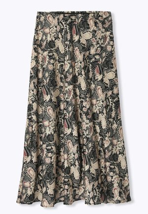 Jupe longue et fluide avec un fond noir et un motif floral abstrait aux tons beige et rouge atténué.