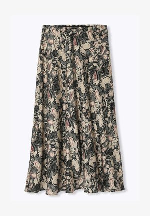 Jupe longue et fluide avec un fond noir et un motif floral abstrait aux tons beige et rouge atténué.