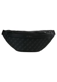 Sac banane noir de la marque Guess avec tissu à motifs, une poche zippée et une sangle réglable.