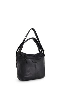 Schwarze Leder-Schultertasche, weiche Textur, großes Hauptfach, vorderes Reißverschlussfach, doppelte Griffe und Akzentbeschläge.