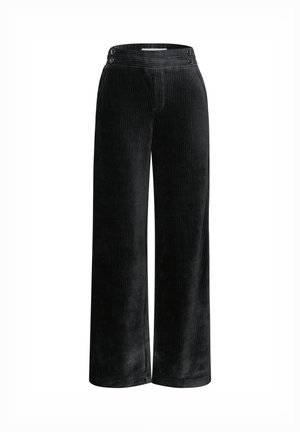 Zwarte corduroy wijde broek met verticale ribbels, voorzien van een platte tailleband en twee knoopaccenten aan de voorkant.