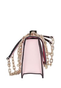 Pink leather handbag with a structured shape, featuring a gold chain strap and contrasting black trim. Textured surface and open top design.