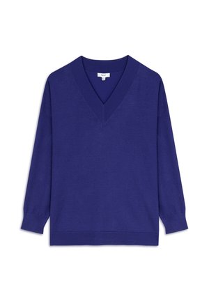 Pull-over en V couleur violet vif, avec des manches longues et des poignets côtelés. Texture en tricot doux avec une coupe décontractée et sans motifs visibles.