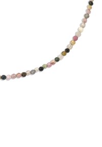 Mehrfarbige Edelsteinperlenkette mit runden, facettierten Perlen in den Farbtönen Rosa, Grün, Schwarz und Gelb, die in einem symmetrischen Muster aufgereiht sind.