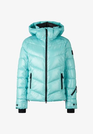 Hellblaue Steppjacke mit Kapuze, mit einem Reißverschluss vorne, Chevron-Design, elastischen Bündchen und Seitentaschen mit schwarzen Reißverschlüssen.