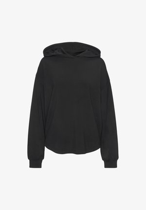 Schwarzer Kapuzenpullover aus weichem Stoff, mit langen Ärmeln, lockerer Passform und rundem Saum. Keine Verzierungen oder Muster.