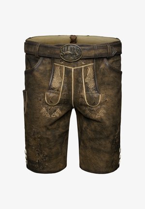 Shorts en cuir marron avec broderies décoratives, dotés d'une ceinture avec une boucle en métal, de poches latérales et d'accents en boutons au niveau de l'ourlet.