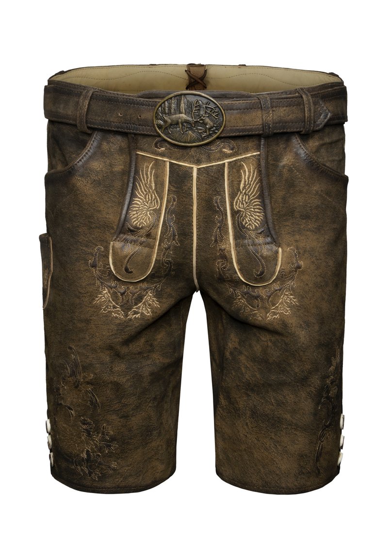 Pantalones cortos de cuero marrón con bordados decorativos, que cuentan con un cinturón con hebilla de metal, bolsillos laterales y acentos de botones en el dobladillo.