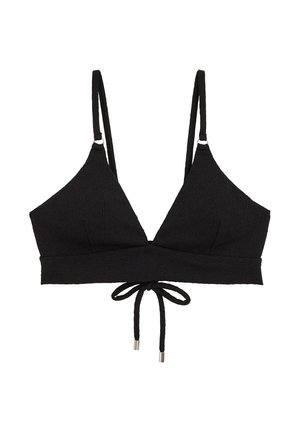 Czarny top bikini o fakturowanej powierzchni z regulowanymi ramiączkami i wiązaniem z przodu, zaprojektowany do stroju kąpielowego lub casualowego letniego stylu.
