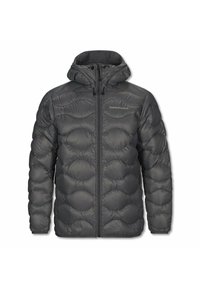 Doudoune gris foncé avec fermeture éclair et capuche attachée. Présente un motif matelassé, des poignets élastiques et un logo détaillé sur la poitrine.