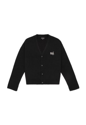 Cardigan noir à manches longues avec col en V, boutons sur le devant, et logo brodé "WB" blanc sur le côté gauche de la poitrine.
