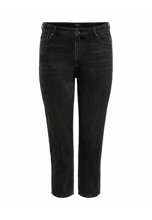 Črne kavbojke iz denima z visokim pasom, zapenjanjem na gumb in zadrgo, žepi spredaj in zadaj ter ravnim krojenjem nogavic.