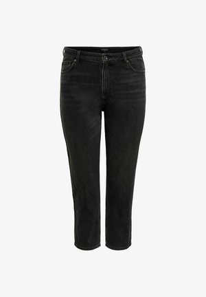 Črne kavbojke iz denima z visokim pasom, zapenjanjem na gumb in zadrgo, žepi spredaj in zadaj ter ravnim krojenjem nogavic.